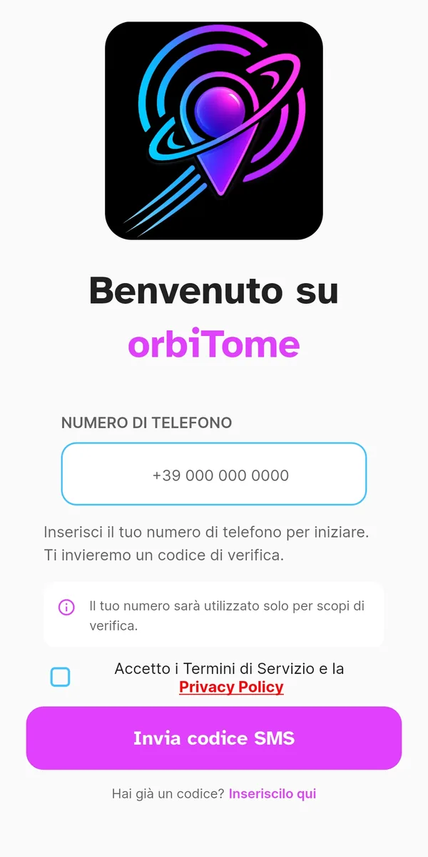 Schermata di benvenuto orbiTome con il campo del numero di telefono