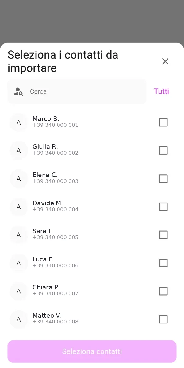 Selezione dei contatti da importare