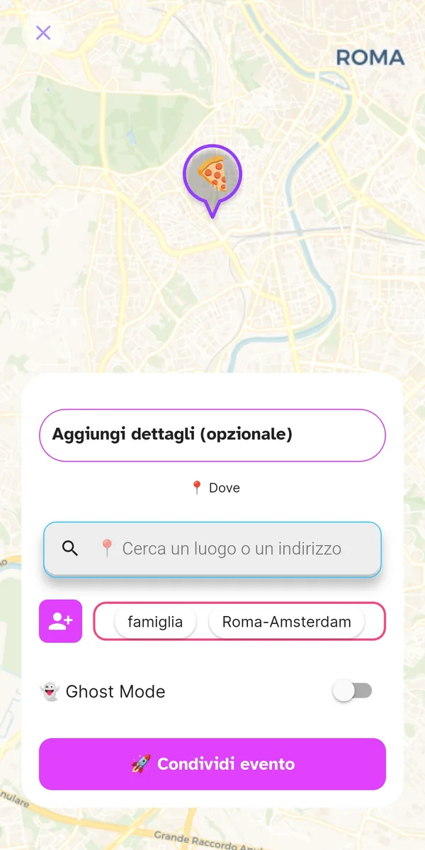 Dettagli evento con luogo, tag e Ghost Mode