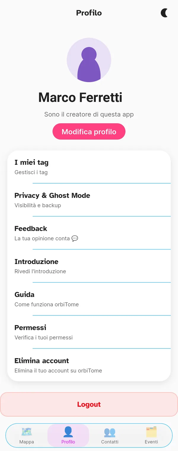 Pagina Profilo di orbiTome con il menu completo