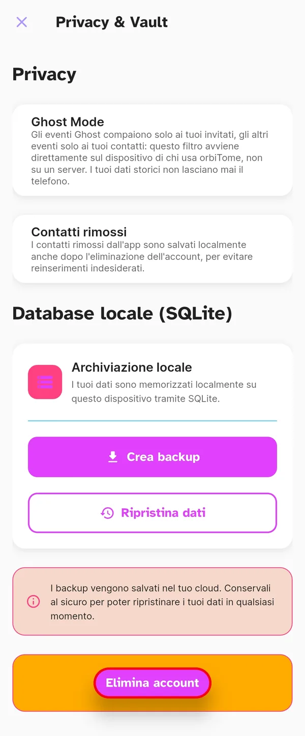 Impostazioni Privacy e Vault con la spiegazione dei contatti rimossi