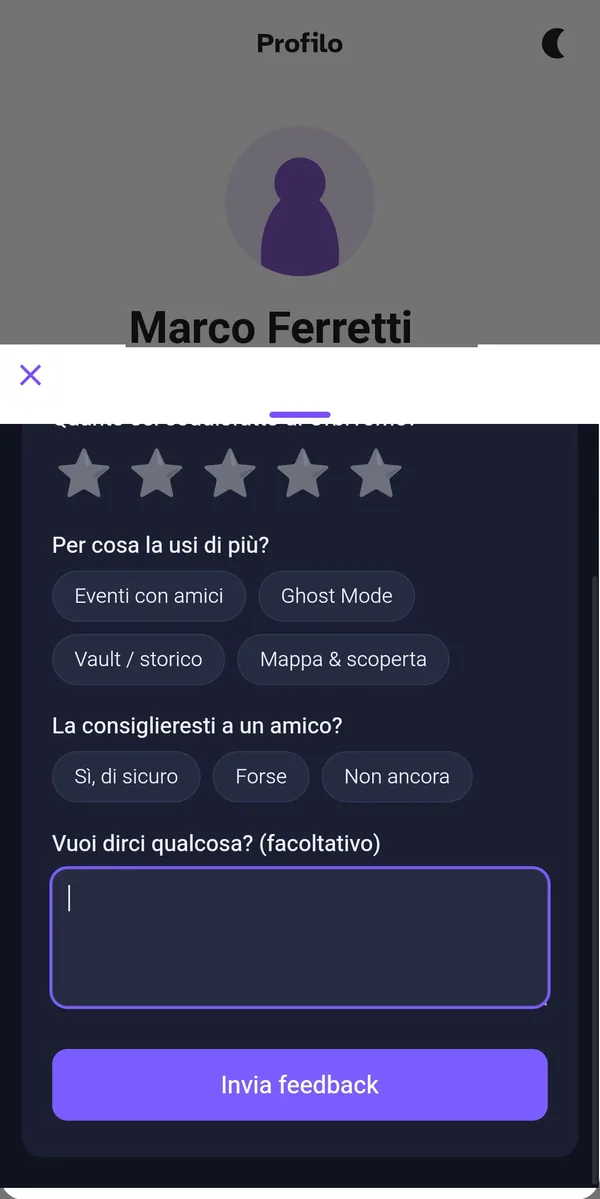 Modulo di feedback dentro l'app