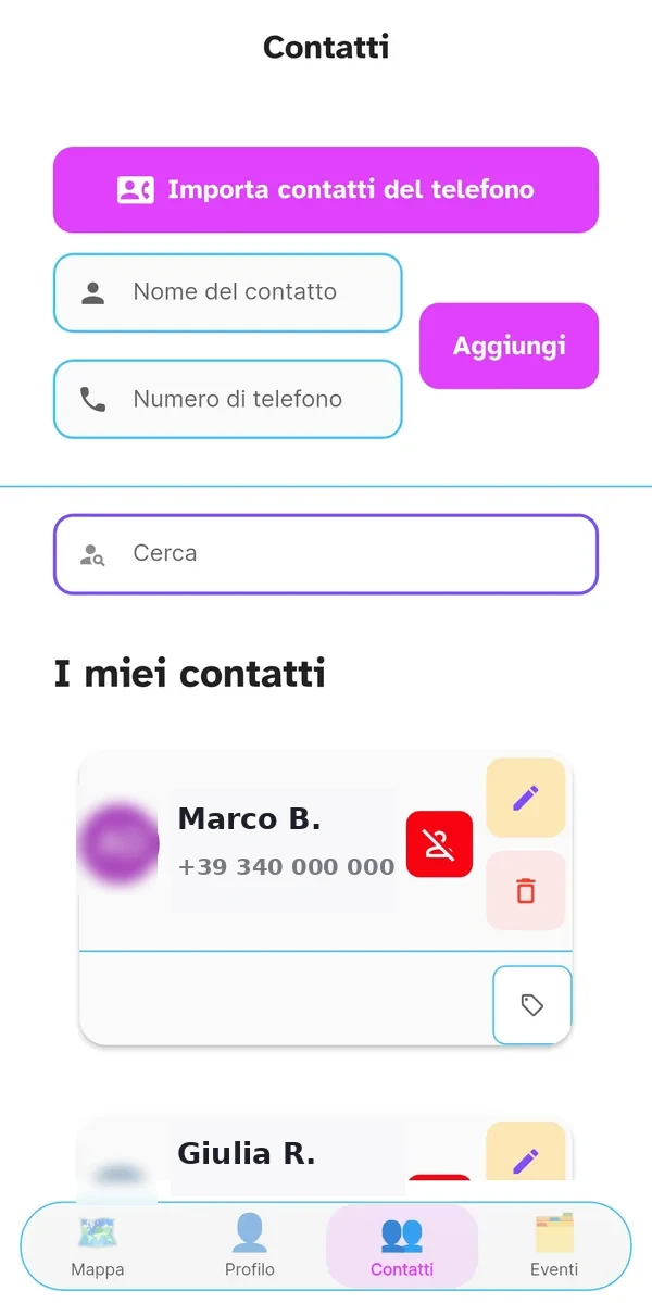 Pagina Rubrica di orbiTome con i contatti importati