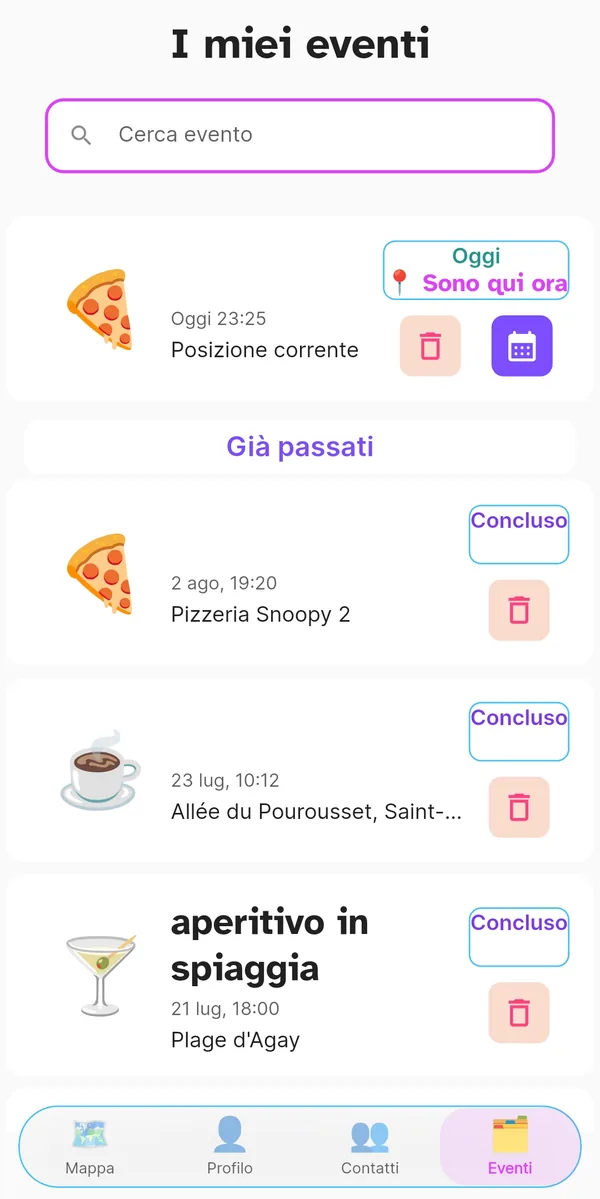 Pagina Eventi con eventi in corso e conclusi