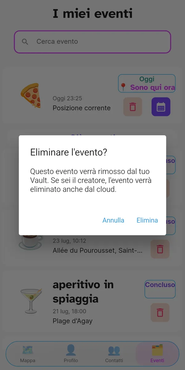 Conferma di eliminazione di un evento dal Vault
