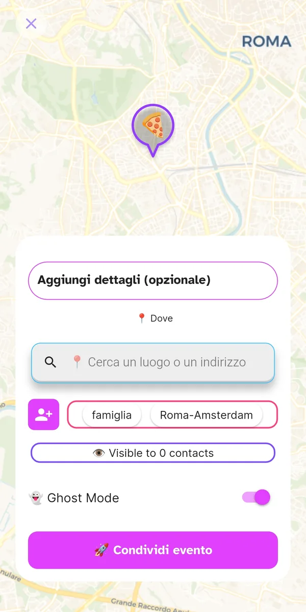 Ghost Mode attivo con evento visibile solo agli invitati