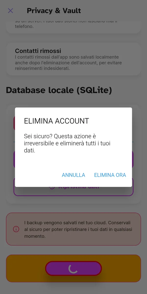 Conferma di eliminazione dell'account