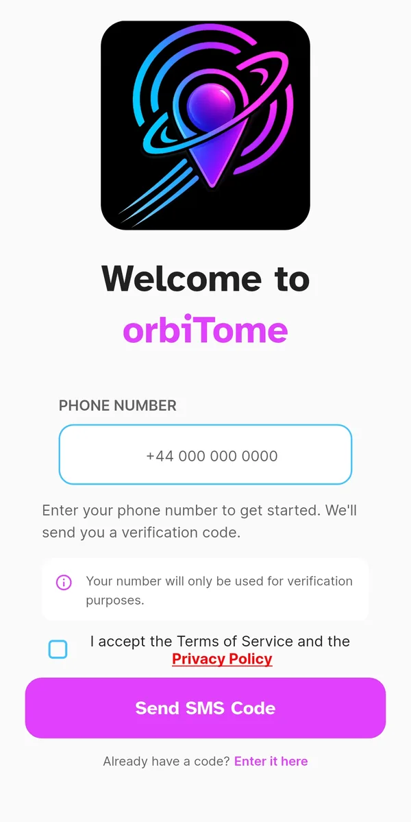 orbiTome welcome screen with the phone number field