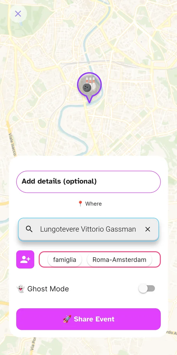 Event details with place, tags and Ghost Mode
