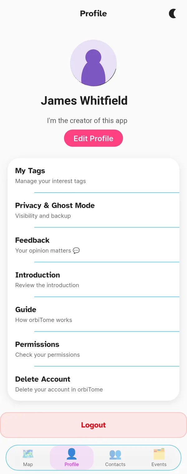 orbiTome Profile page with the full menu