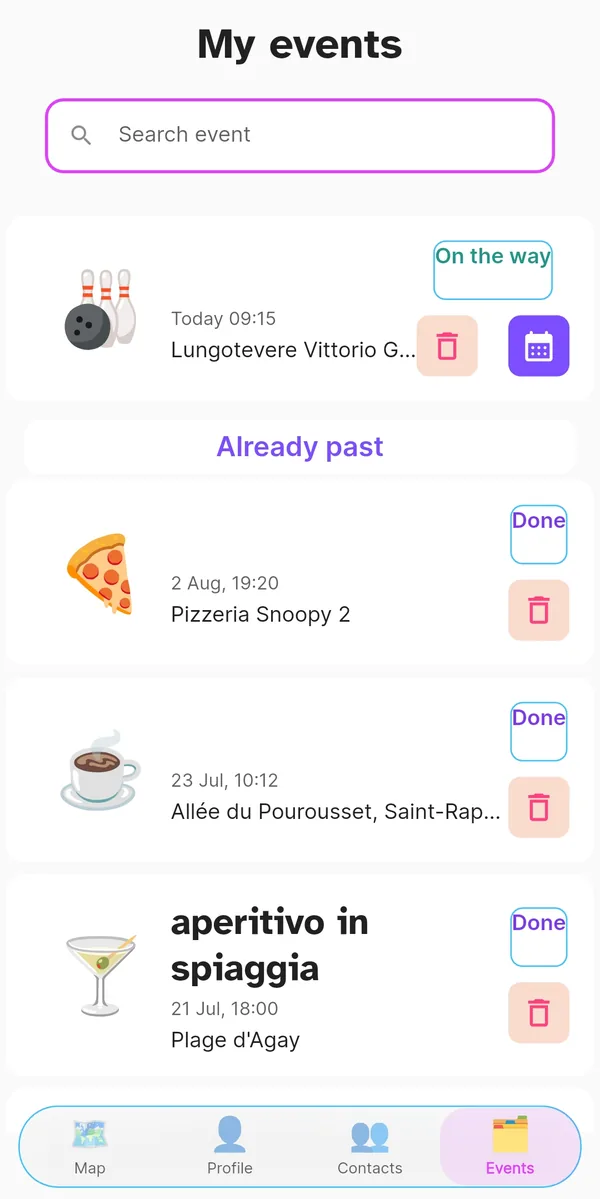 Stash of finished events