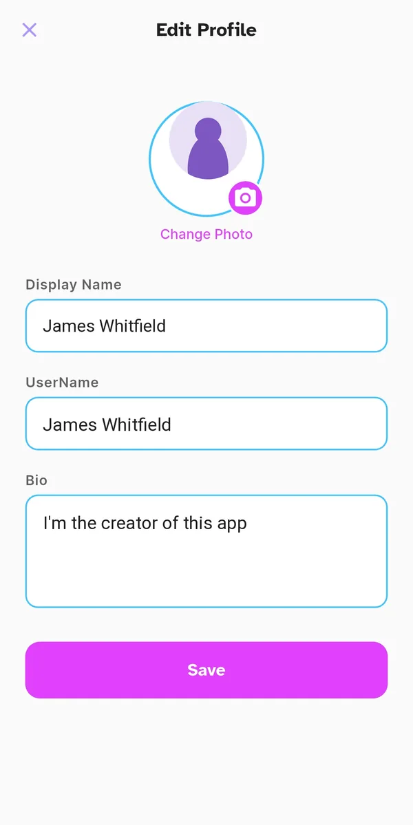 Edit profile with name, photo and bio