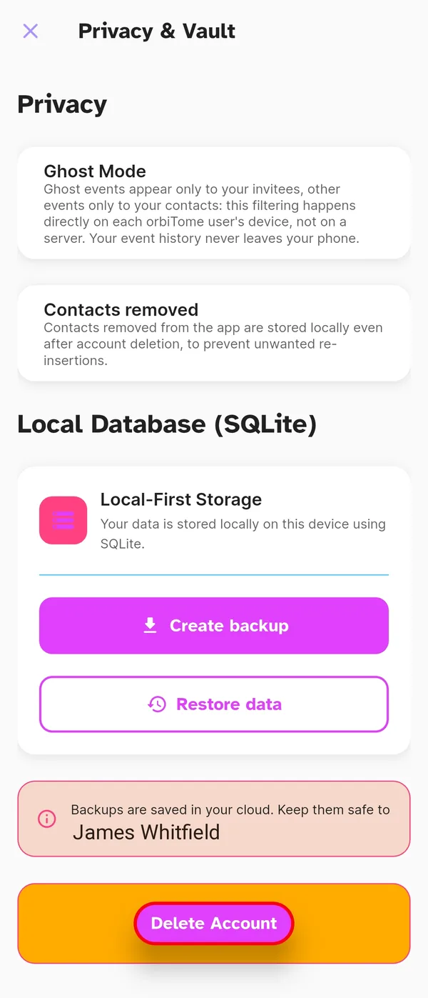 Privacy and Vault settings explaining removed contacts