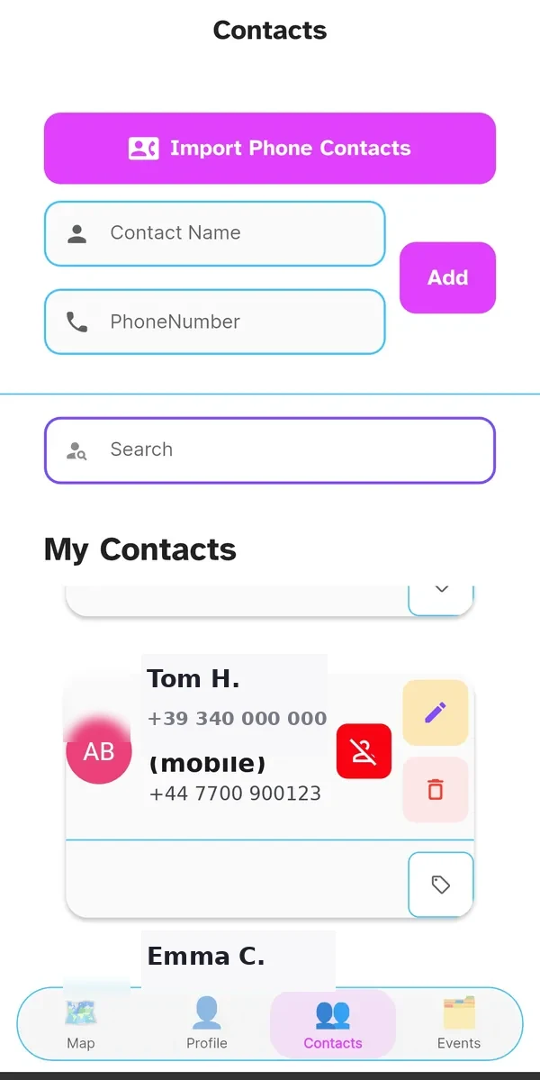 orbiTome Address Book page with imported contacts