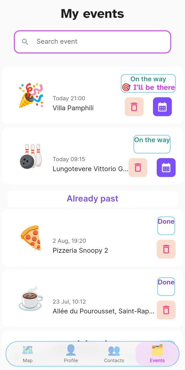 Events page with live and finished events
