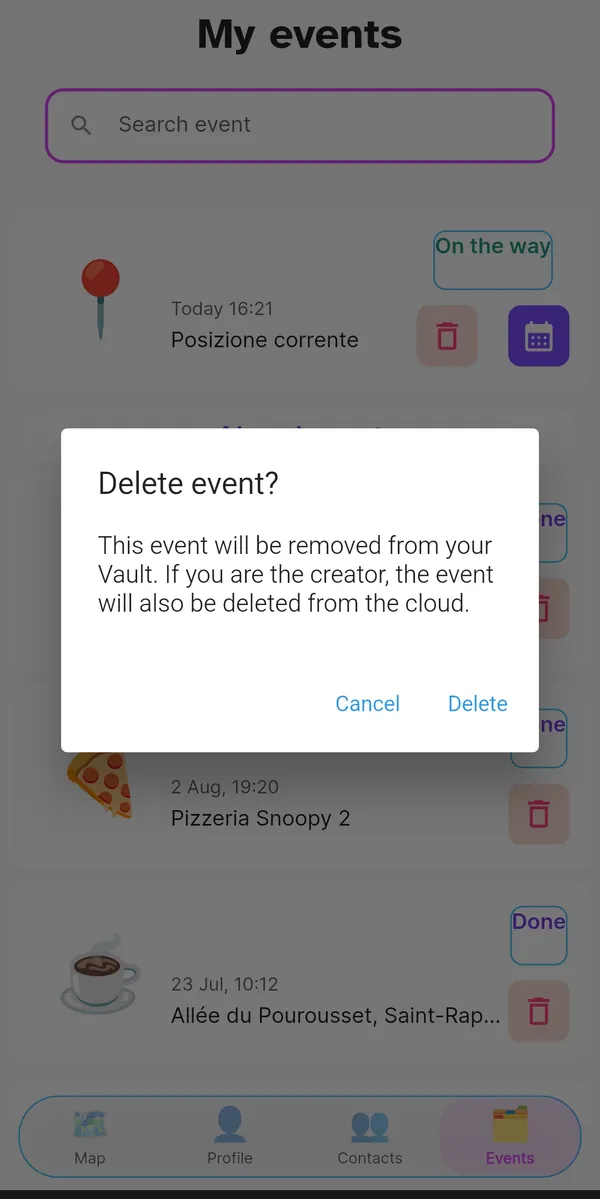 Confirmation before deleting an event from the Vault