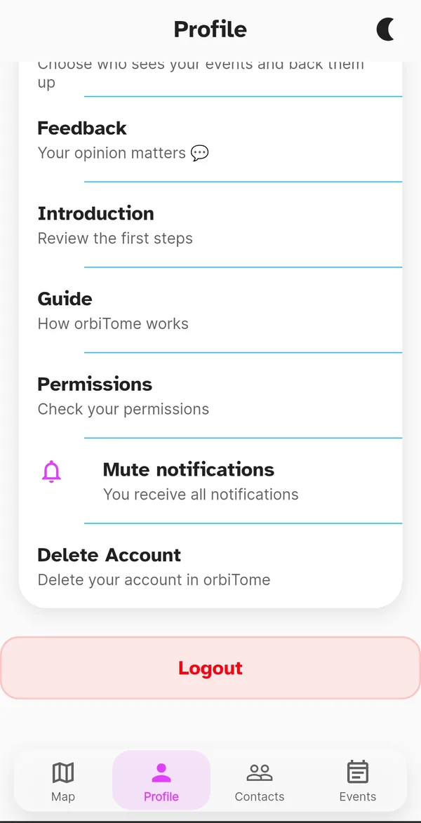 Profile entries: guide, permissions, notifications, delete account