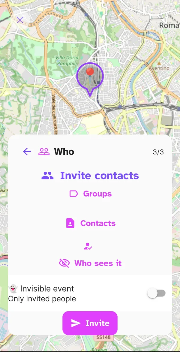 Third step of event creation: Who, with the invite options