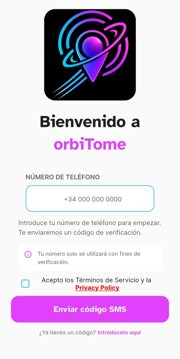 Pantalla de bienvenida de orbiTome con el campo del número