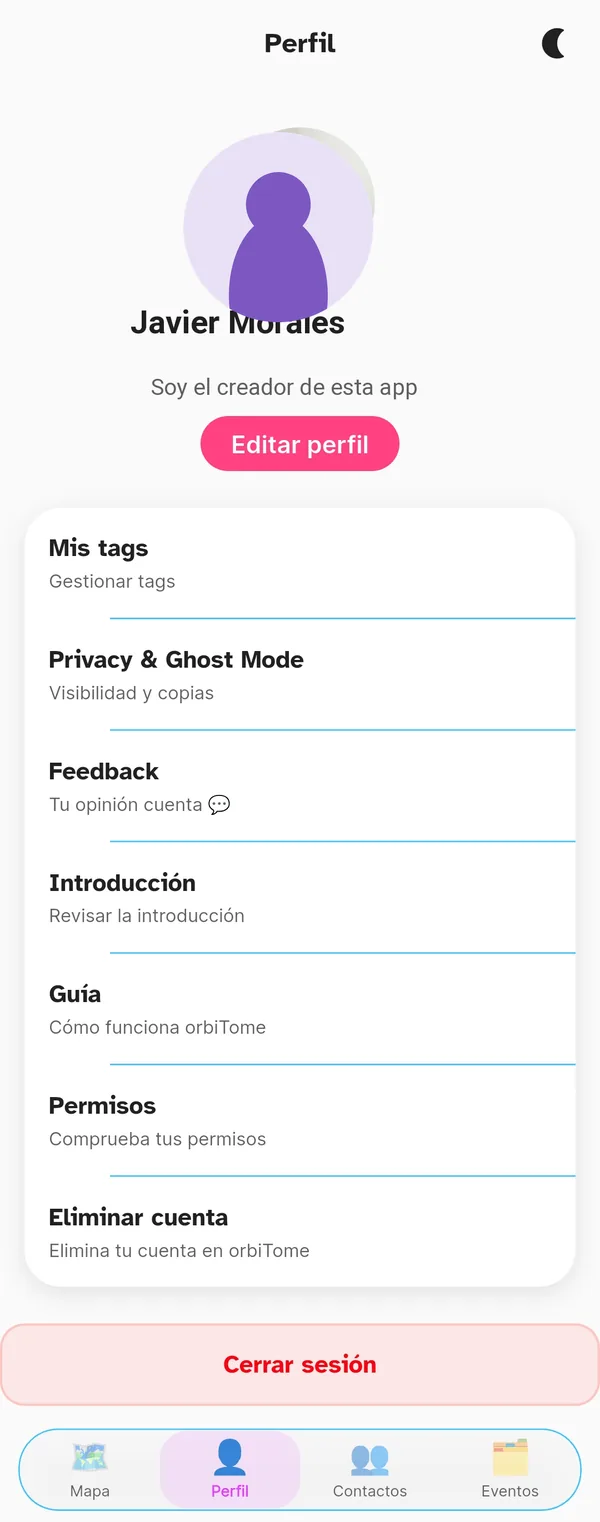 Página Perfil de orbiTome con el menú completo
