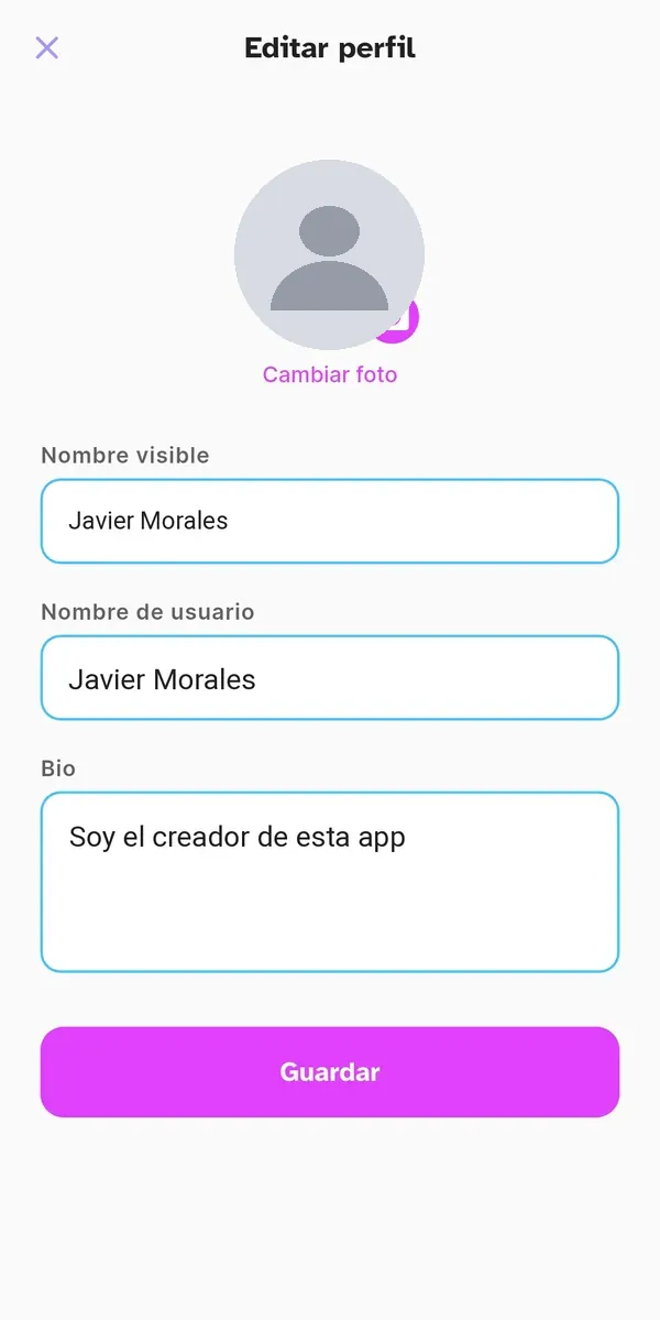 Editar perfil con nombre, foto y bio