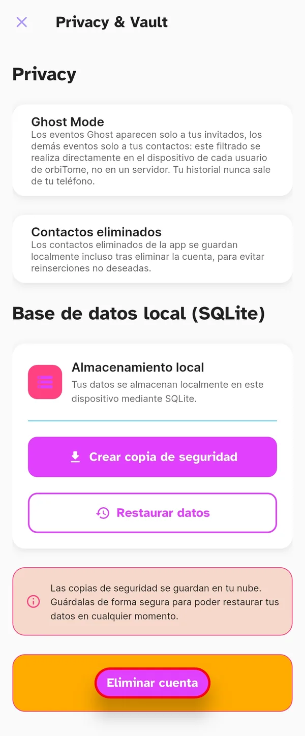 Ajustes de Privacidad y Vault con la explicación de los contactos eliminados