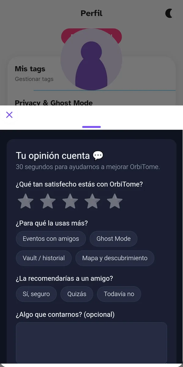 Formulario de feedback dentro de la app