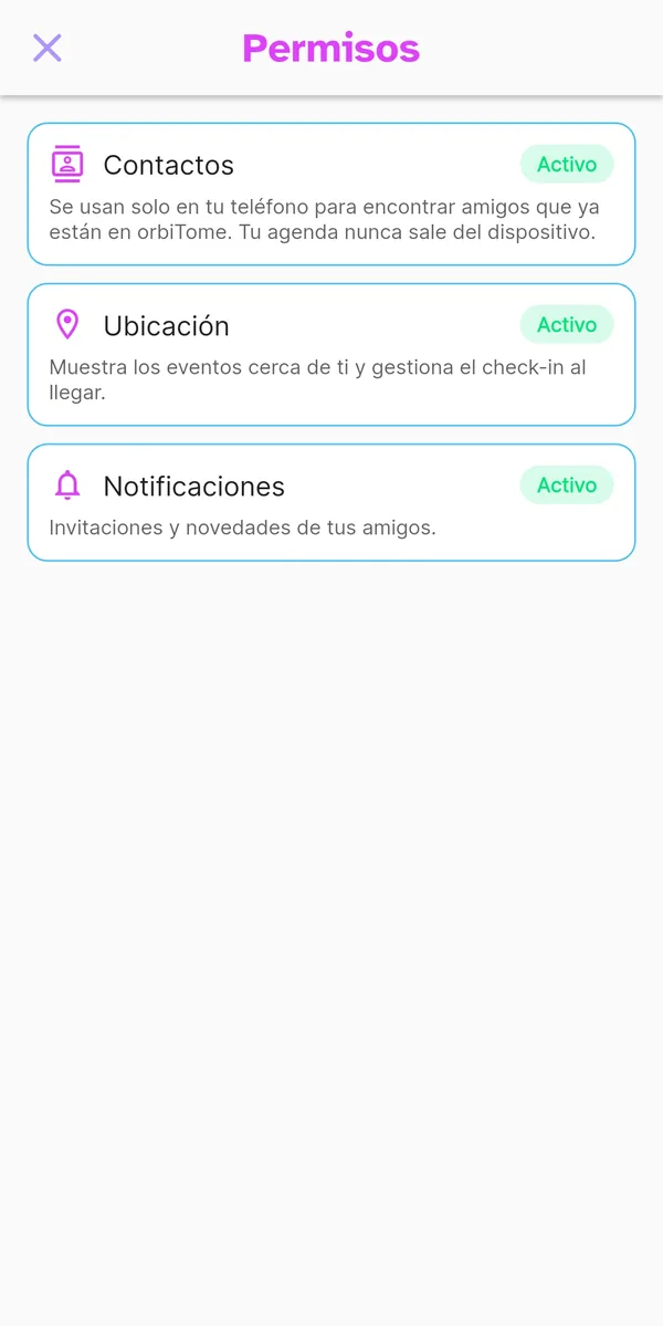 Pantalla de permisos de la app con el estado de cada uno