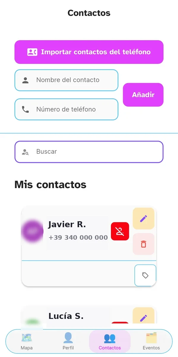 Página Agenda de orbiTome con los contactos importados