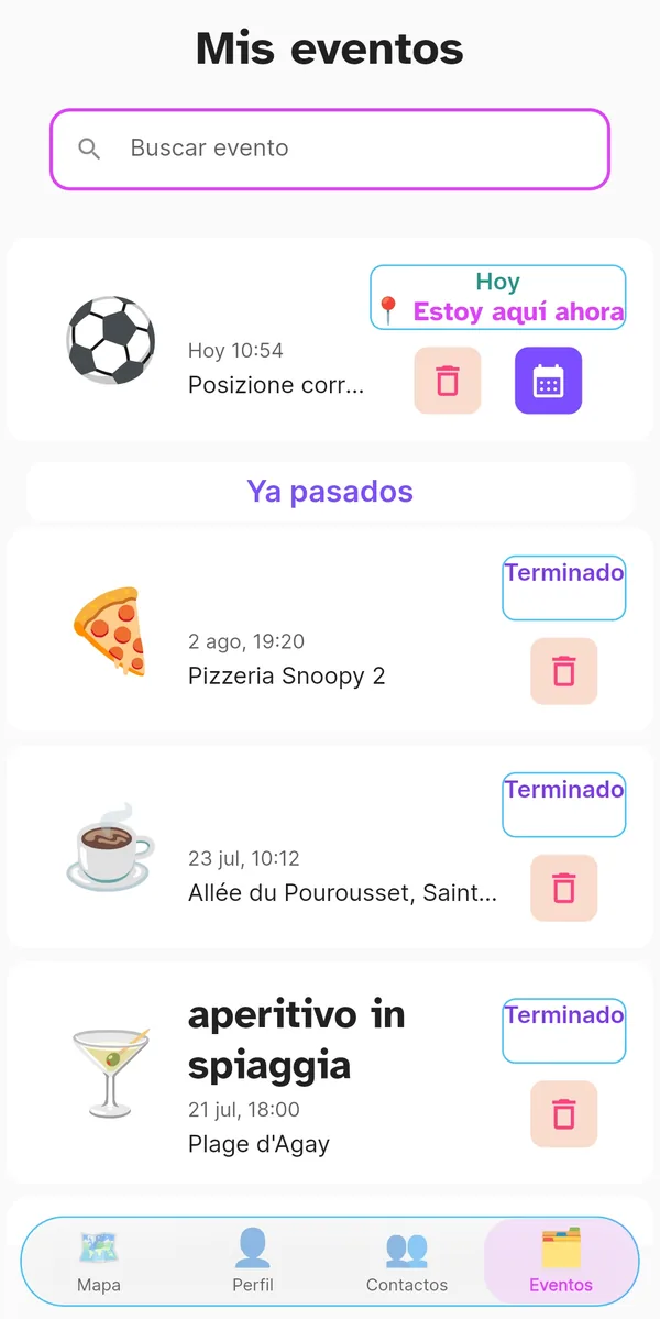 Página de eventos con eventos en curso y concluidos
