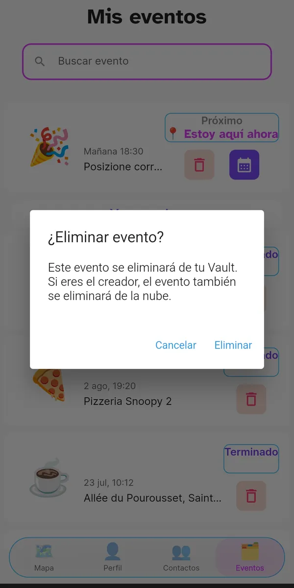 Confirmación antes de eliminar un evento de la bóveda