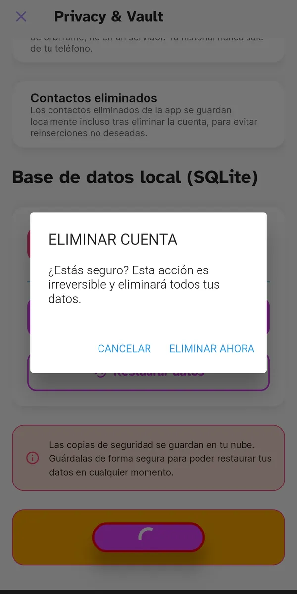 Confirmación antes de eliminar la cuenta