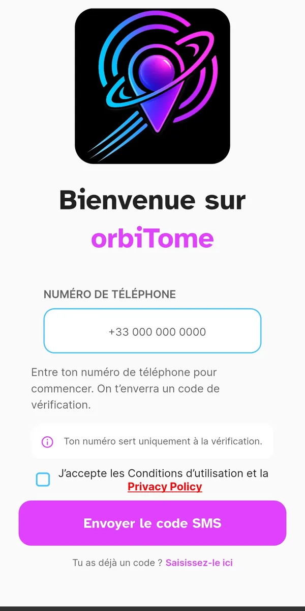 Écran d'accueil orbiTome avec le champ numéro de téléphone