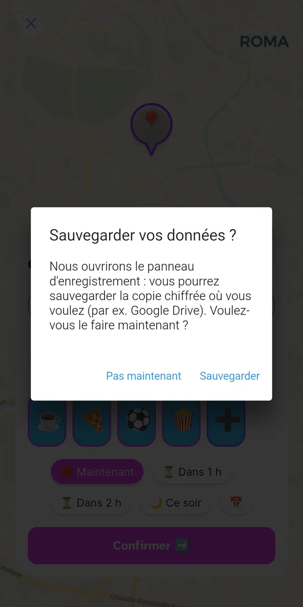 Fenêtre de proposition de sauvegarde des données