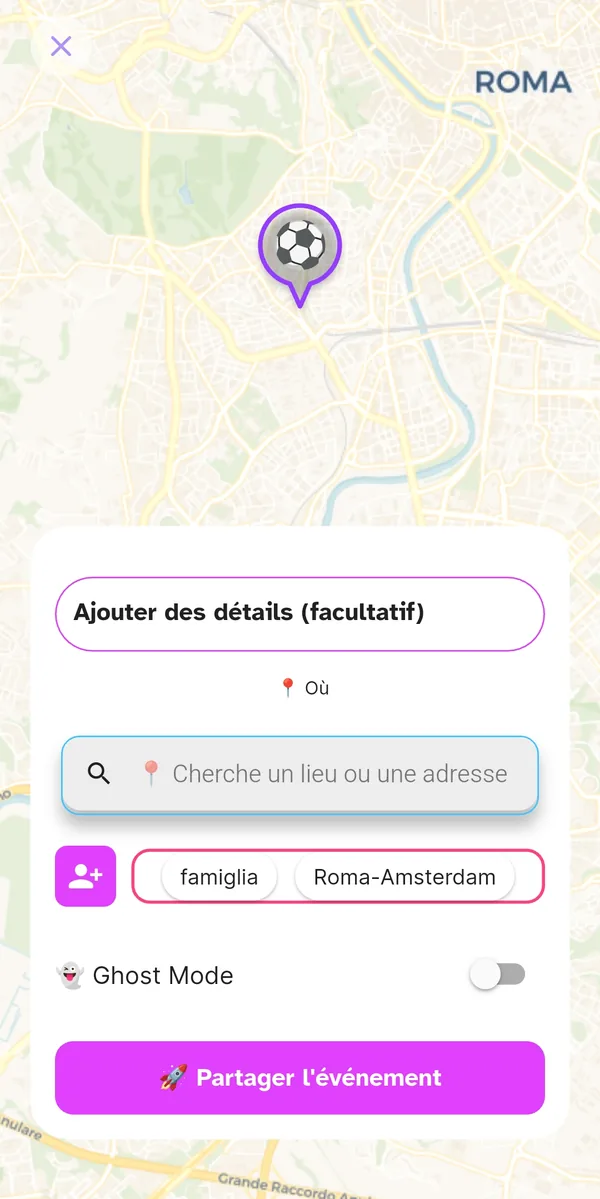 Détails de l'événement avec lieu, tags et Ghost Mode