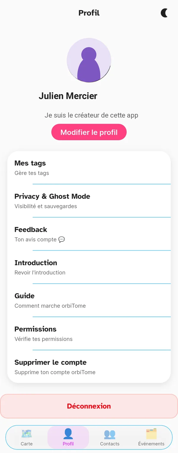 Page Profil d'orbiTome avec le menu complet