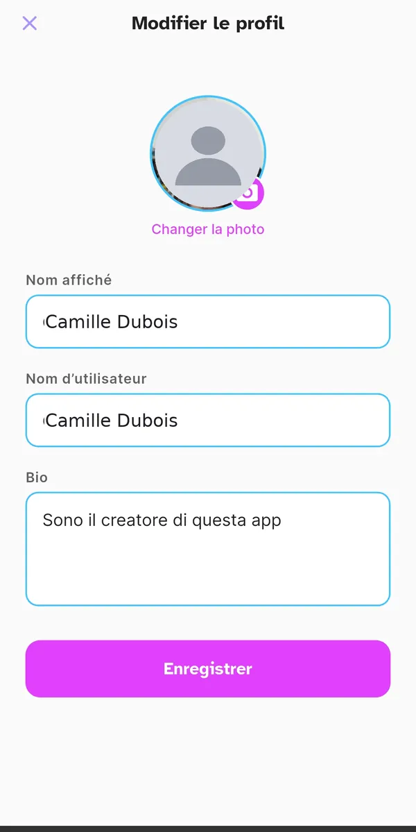 Modification du profil : nom, photo et bio