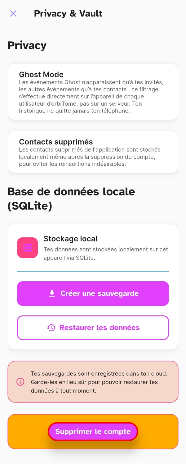 Réglages Confidentialité et Vault expliquant les contacts supprimés
