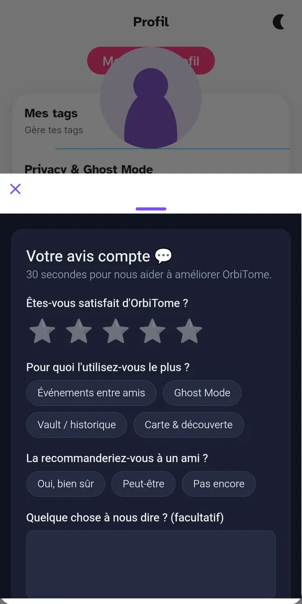 Formulaire de feedback dans l'application