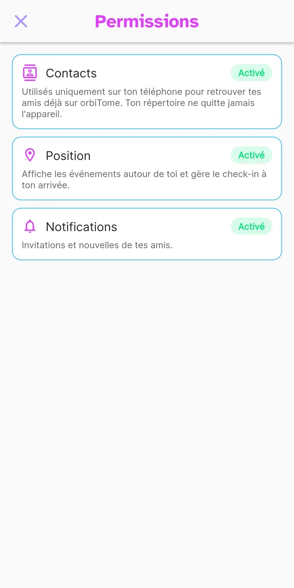 Écran des permissions de l'application avec l'état de chacune