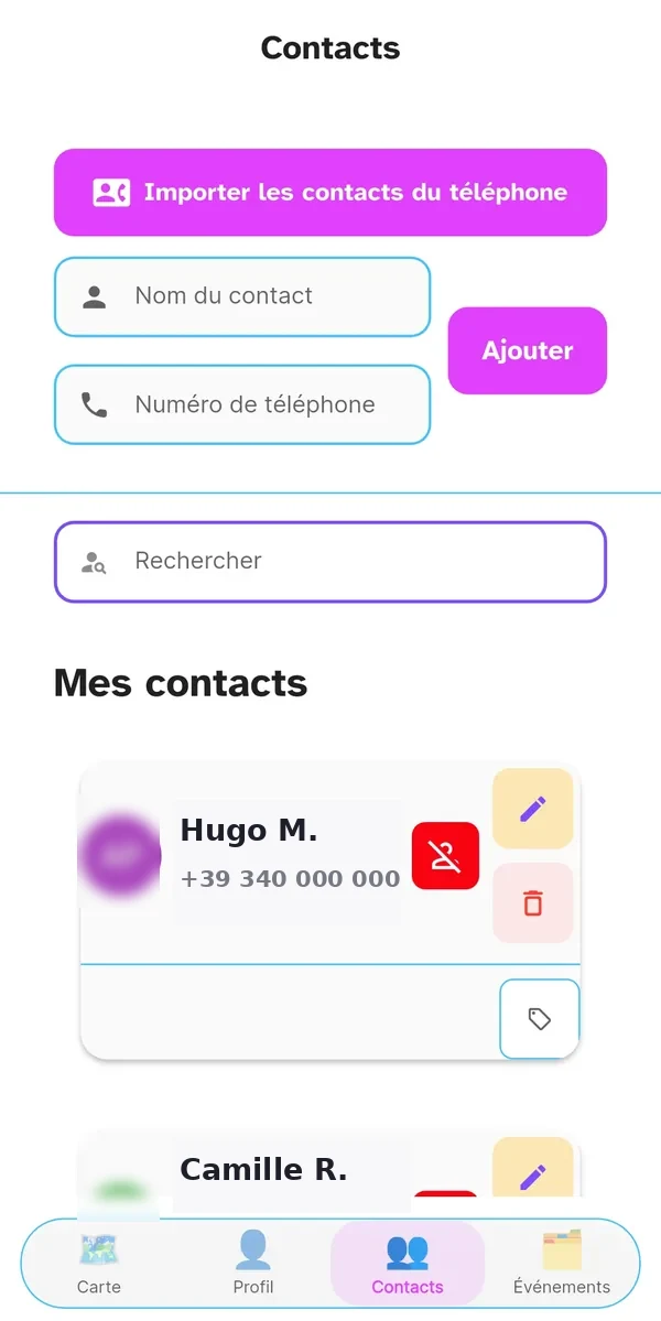 Page Répertoire d'orbiTome avec les contacts importés
