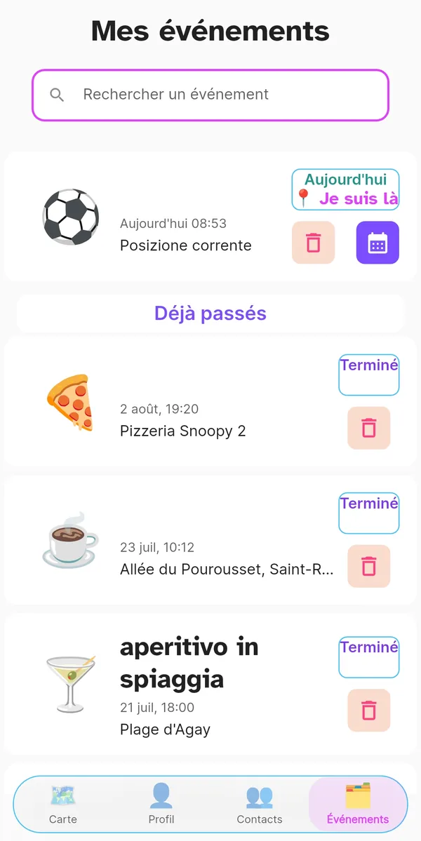 Page Événements avec les événements en cours et terminés