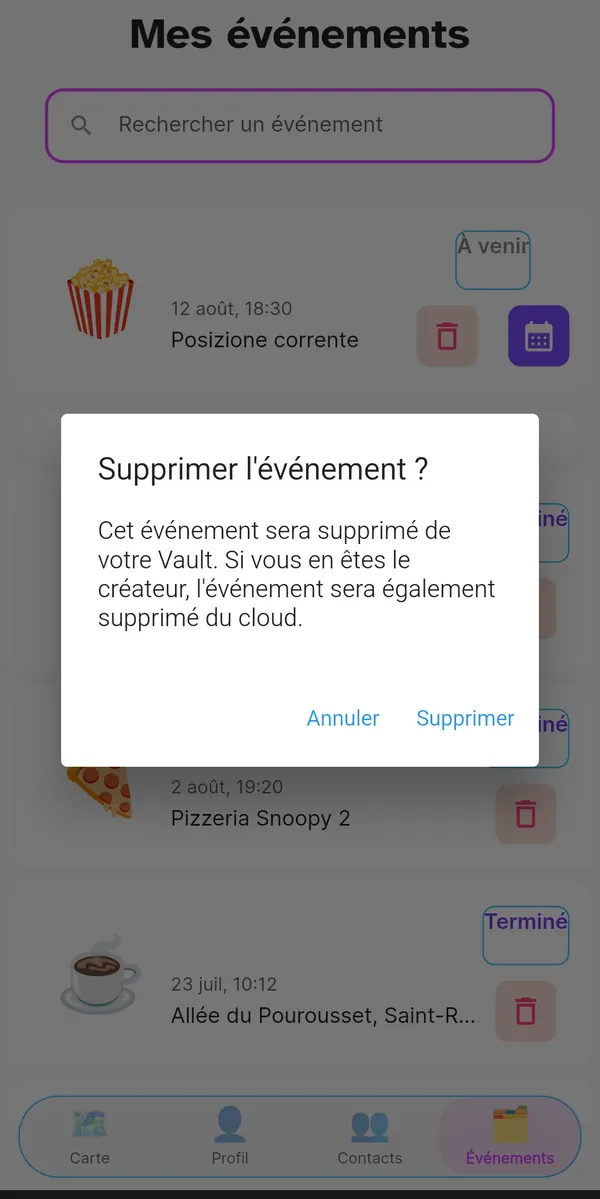 Confirmation avant de supprimer un événement du coffre