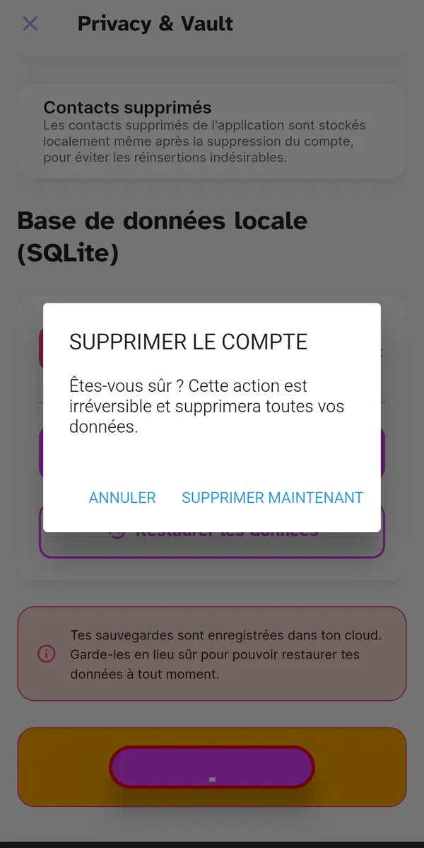 Confirmation avant la suppression du compte