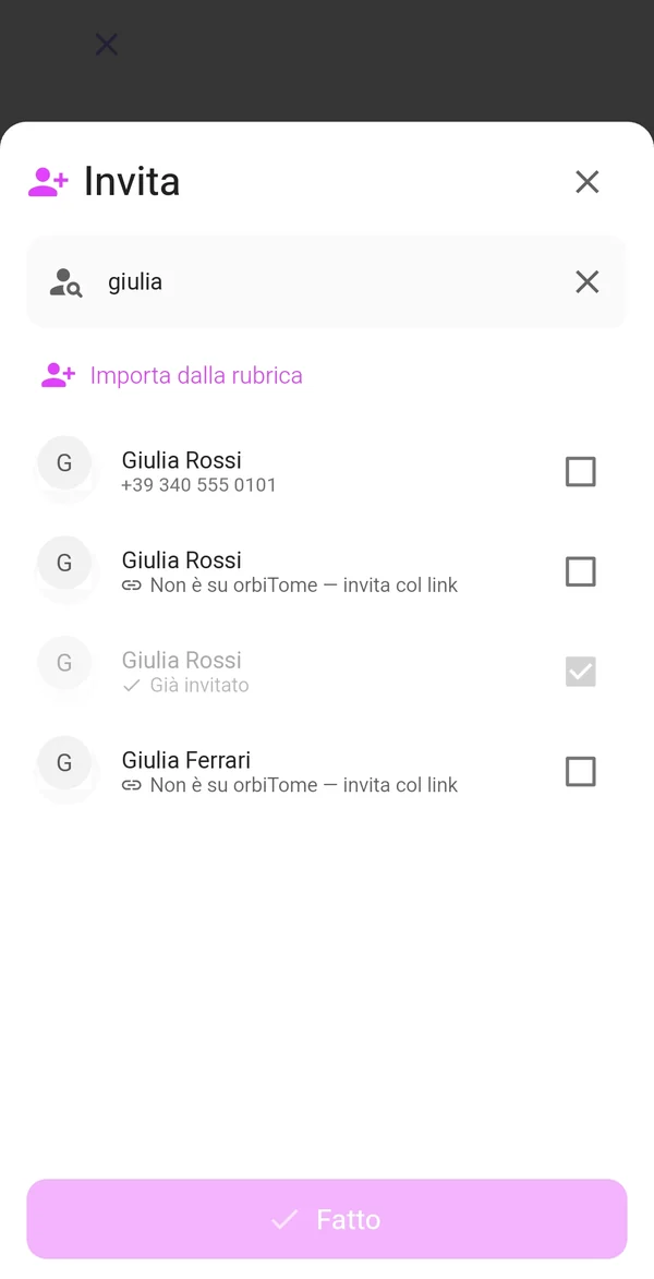 Elenco contatti con chi è già invitato in grigio