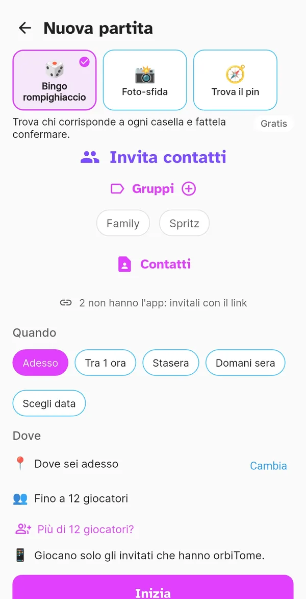 Nuova partita: tre giochi fra cui scegliere, inviti, quando e dove