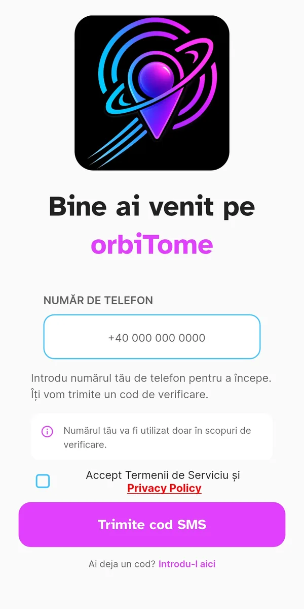 Ecranul de bun venit orbiTome cu câmpul numărului de telefon