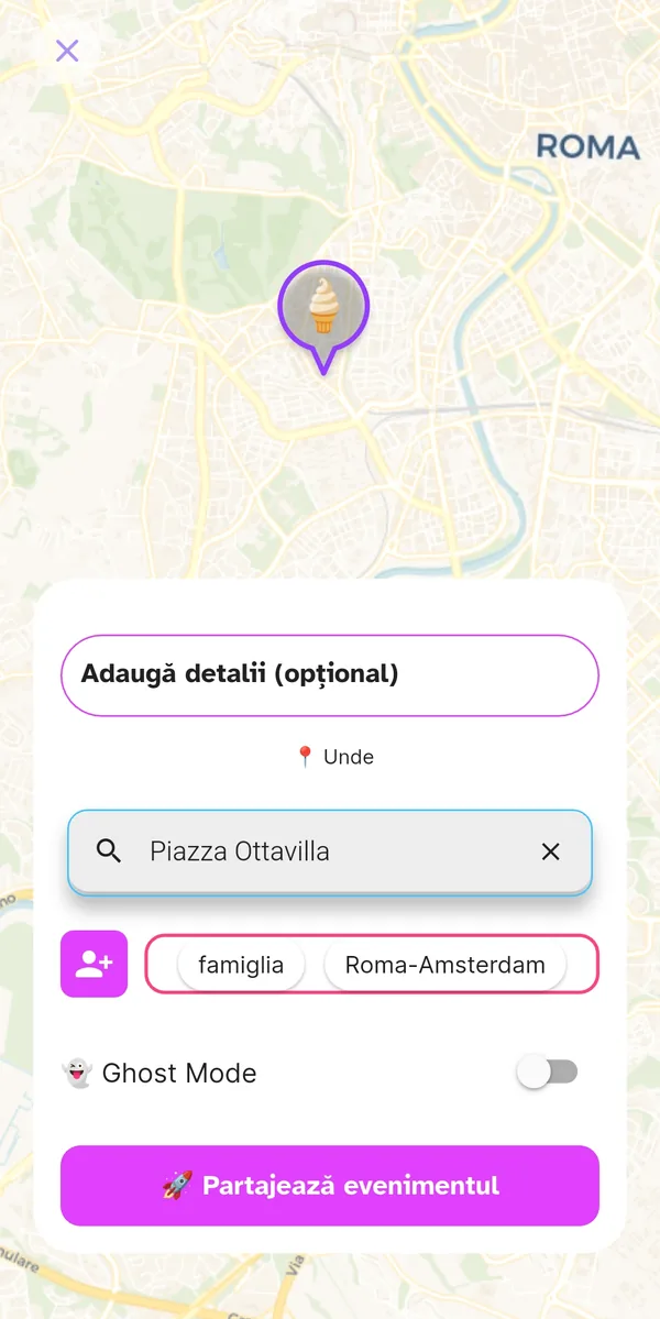 Detaliile evenimentului cu loc, tag-uri și Ghost Mode