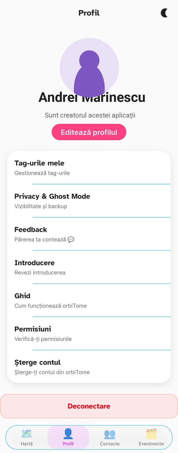 Pagina Profil din orbiTome cu meniul complet