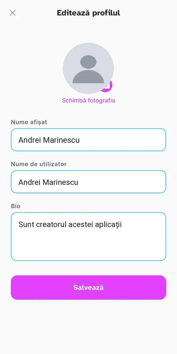 Modificarea profilului cu nume, poză și bio